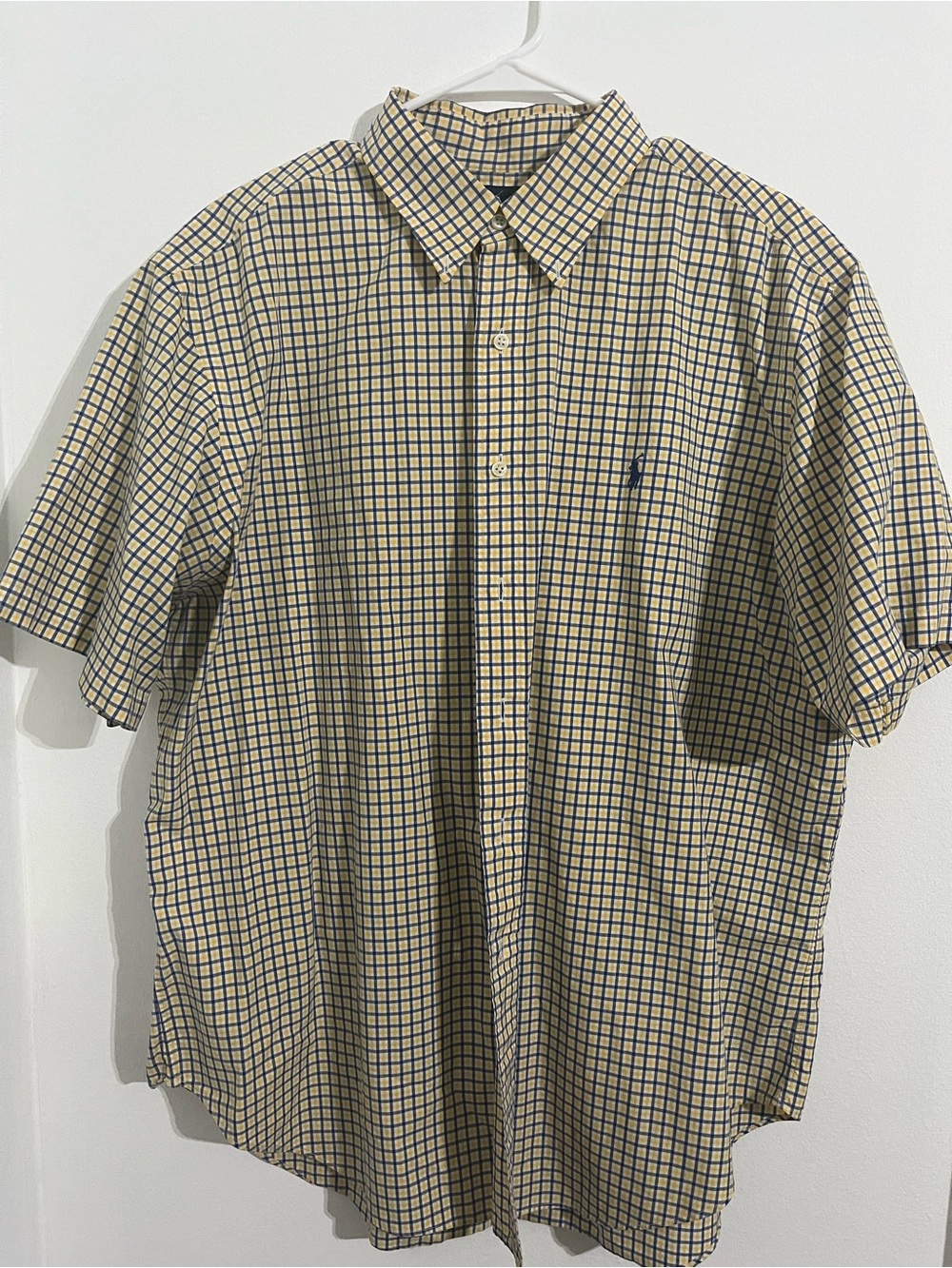 Ralph Lauren Beige Short-Sleeve Check Button-Down Shirt with Navy Grid